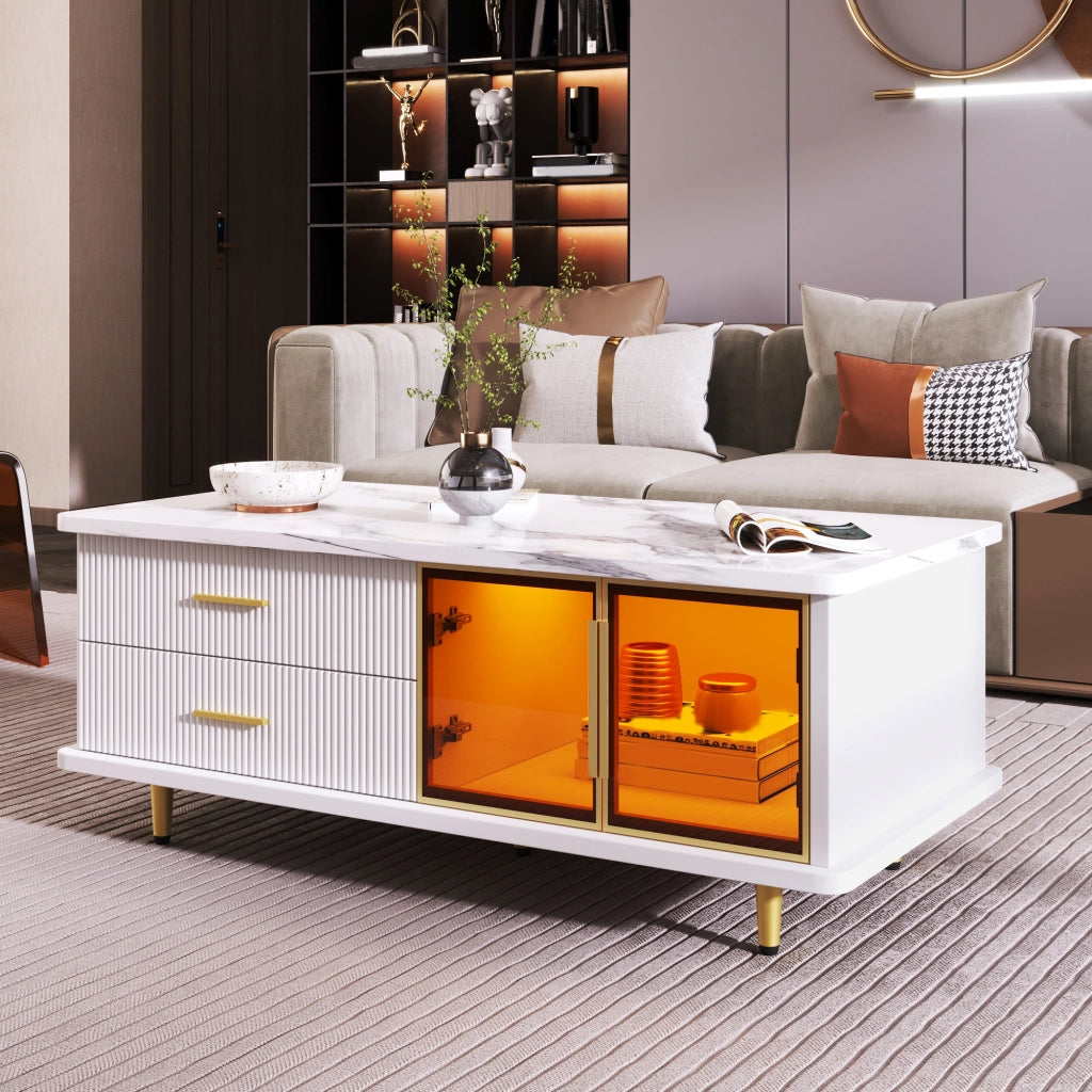 TAVOLINO da caffè 100x50x40 cm bianco in truciolare con LED e vetro temprato