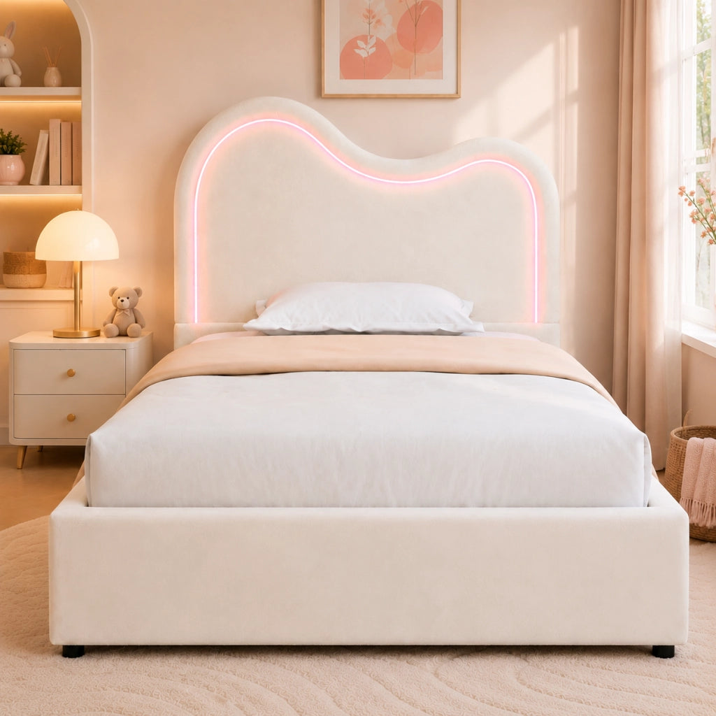 Letto contenitore singolo 90x200 cm per bambini; imbottito; sollevamento idraulico; rete a doghe; velluto beige