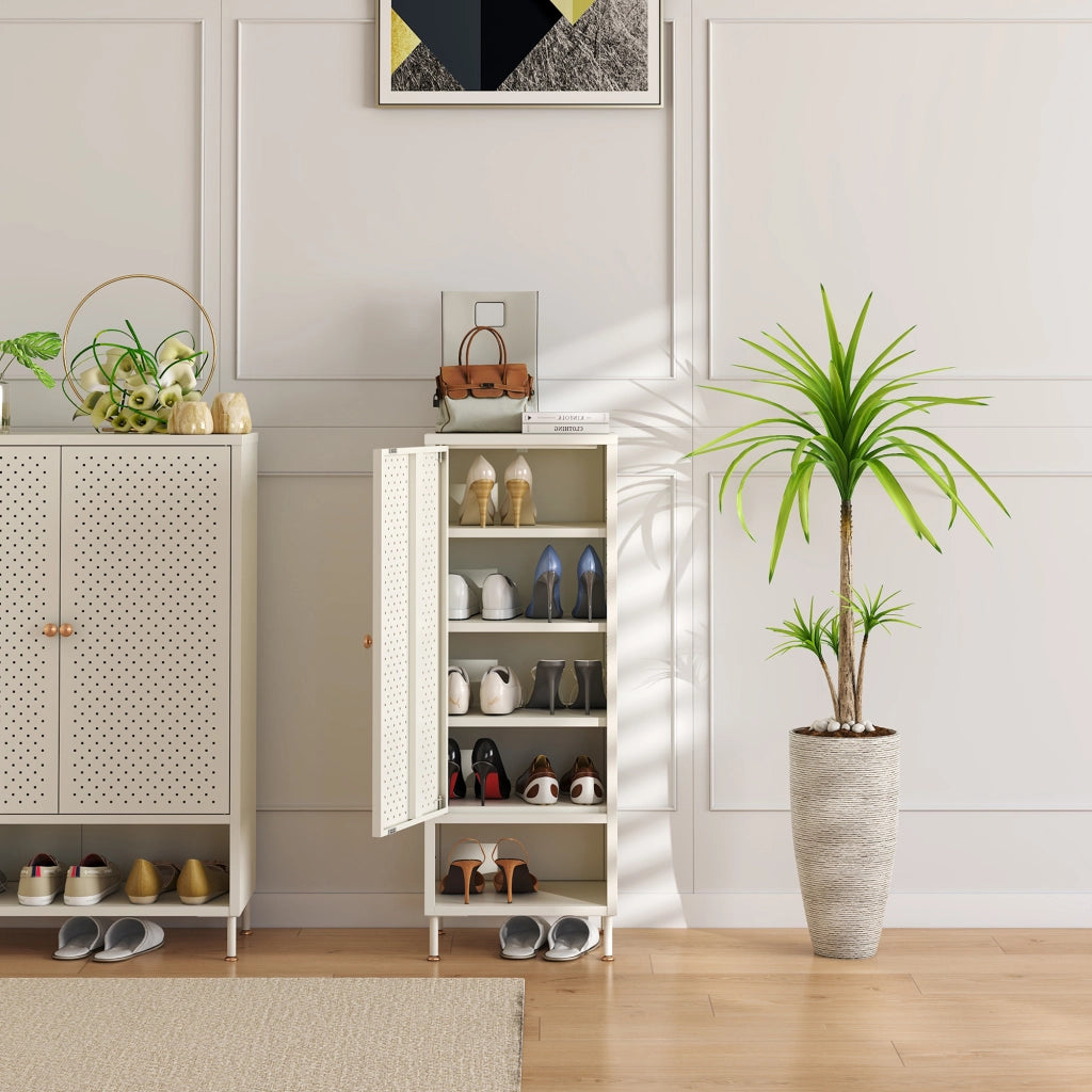 Scarpiera Coleraine con Anta 3 Ripiani Regolabili e Scomparto Aperto 115 x 43 x 35 - Acciaio Bianco Crema [en.casa]