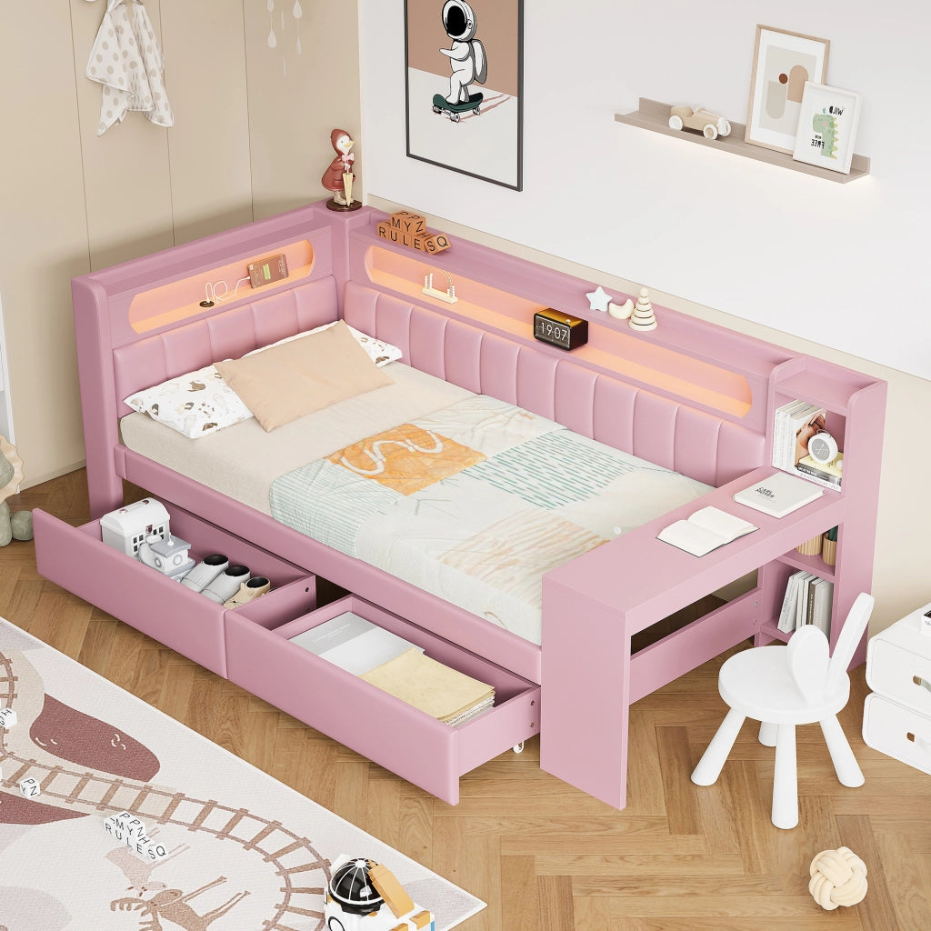 LETTO 90x200 cm imbottito Rosa con USB, LED, scrivania e 2 cassetti