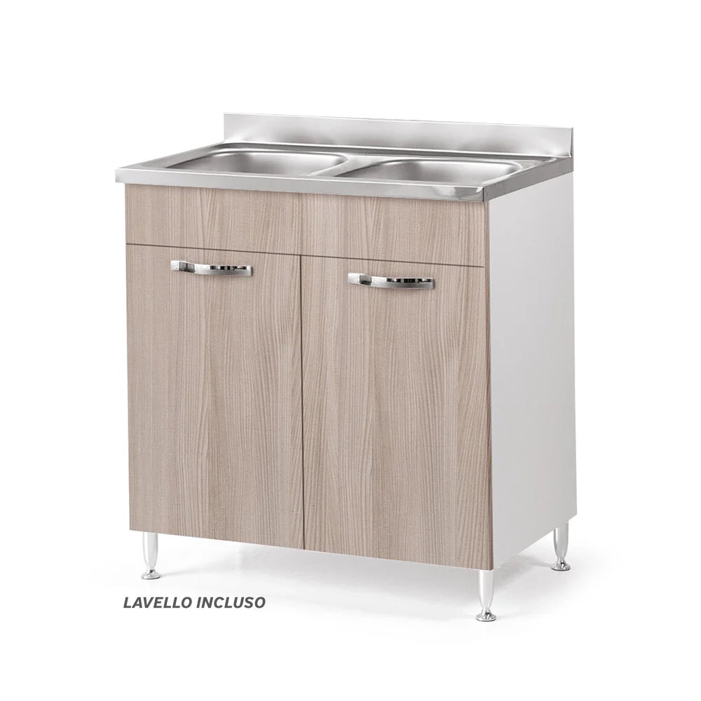 Sottolavello per cucina componibile da 80 cm con due ante, Lavello con 2 Vasche, realizzato in legno 100% MADE IN ITALY colore Olmo