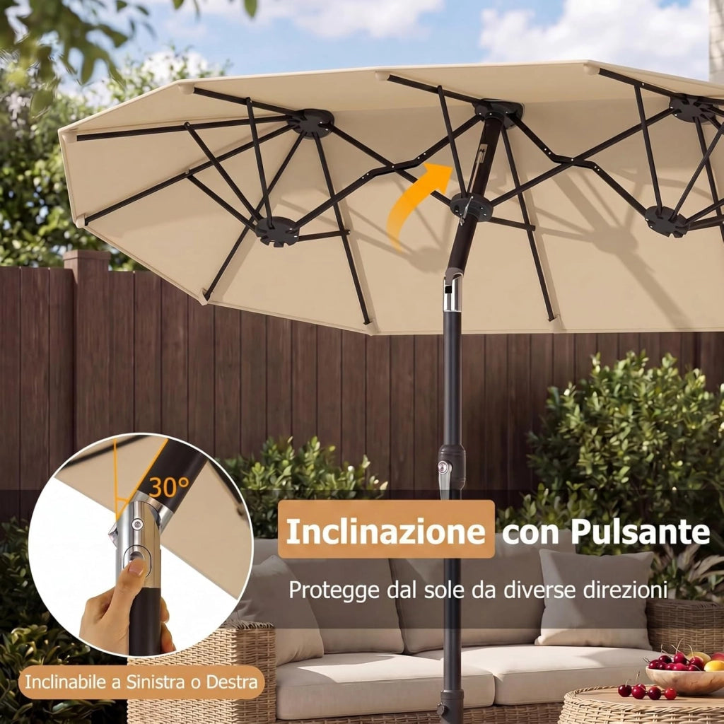 Ombrellone da Giardino Doppio 285 cm, in Tessuto con 12 Stecche Resistenti e Maniglia a Manovella Scorrevole, Anti-UV, senza Base, per Giardino e Piscina, 285 x 147 x 220 cm