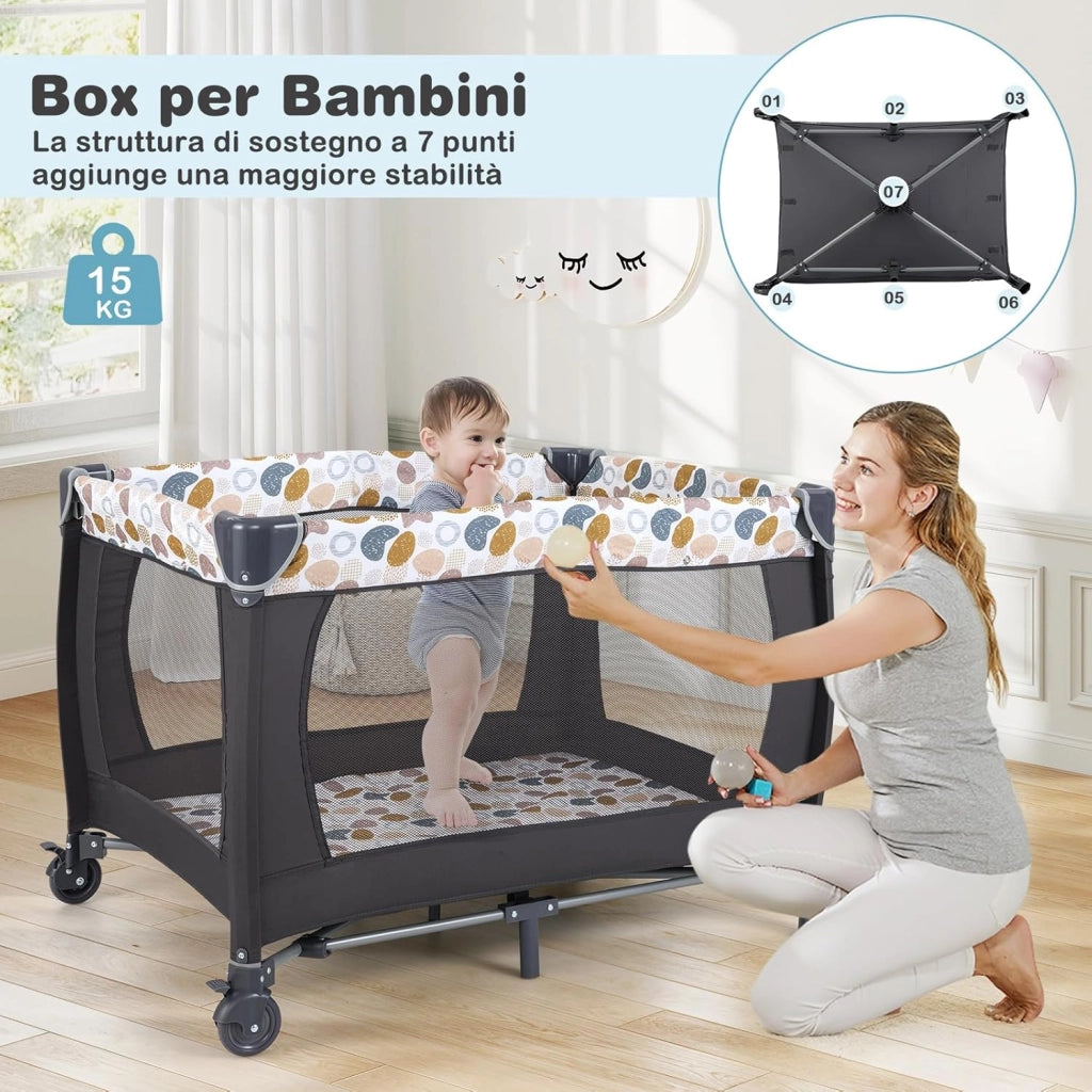 5 in 1 Culla Campeggio Bambini, Lettino Viaggio Neonati Pieghevole con Materasso, Fasciatoio, Box Portatile con Ruote, 2 Giocattoli e Carillon, per Bambini 0-3 Anni (Blu)