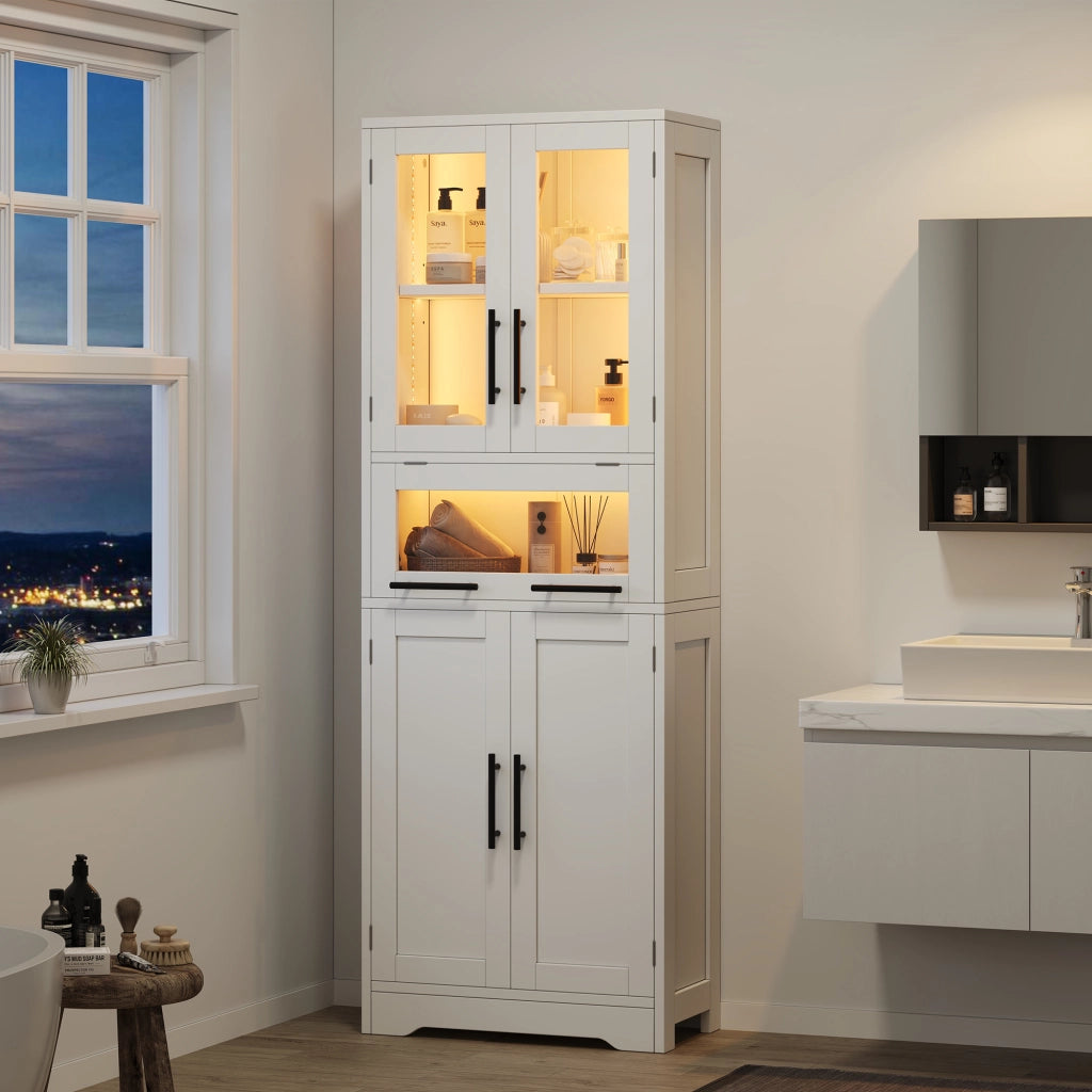 Armadietto Bagno Alto con LED e Ante in Vetro ¨C MINIMAL ¨C Bianco 60x30x170