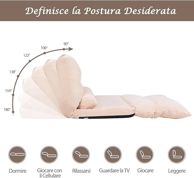 Divano da Terra, Divano Letto Multifunzionale Regolabile in 6 Posizioni con 2 Cuscini, con Fodera in Camoscio per Camera da Letto Salone Balcone (Beige)