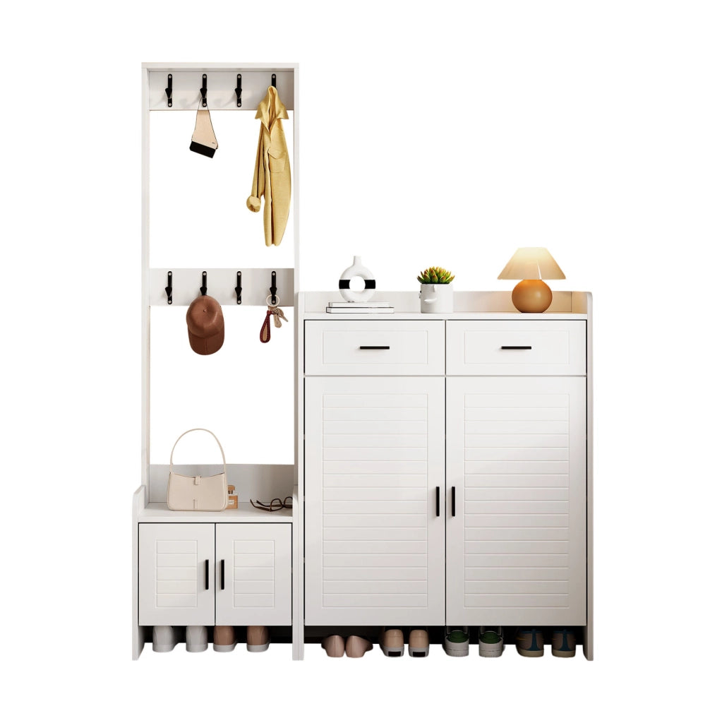 Guardaroba da ingresso bianco con scarpiera, 8 ganci e 2 cassetti