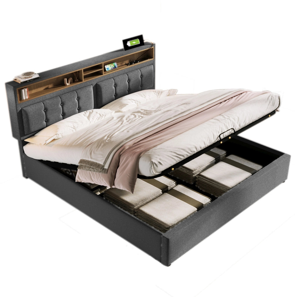 Letto matrimoniale imbottito 160x200 cm con testiera regolabile; presa USB e contenitore; grigio in lino