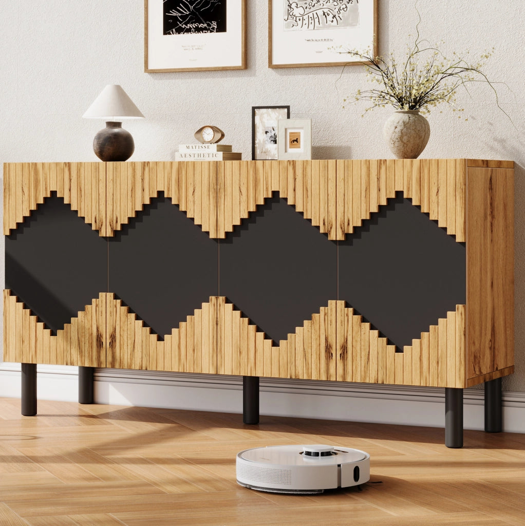 Credenza 140x40x70 cm a 2 ante push-open in MDF e truciolare naturale e nera
