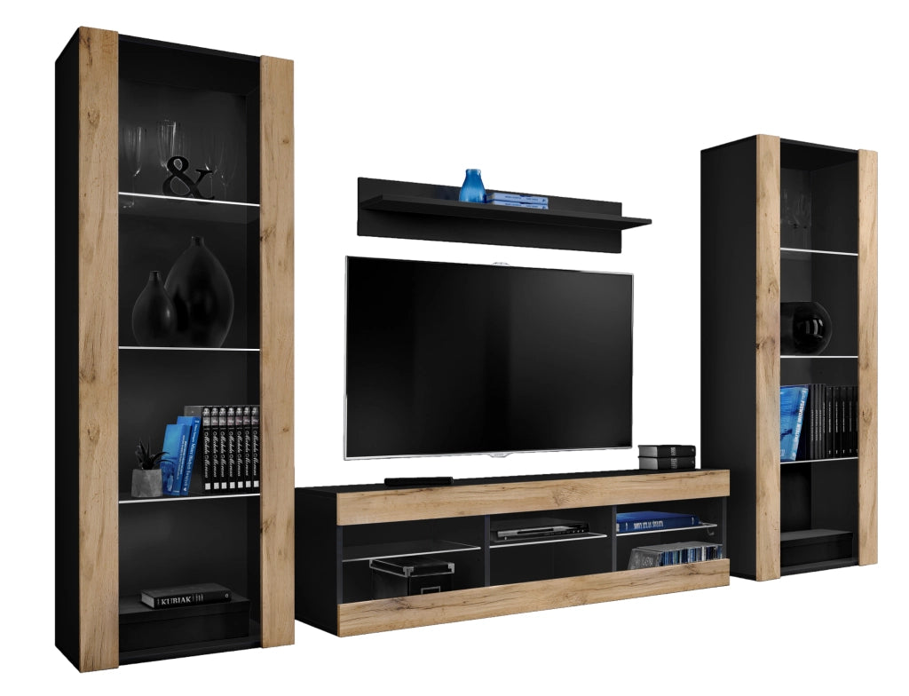 Set di mobili porta TV Tivoli Grande, Komodee, Nero Wotan, Senza LED, Larghezza 250 cm x Altezza 159 cm x Profondità 35 cm, Per soggiorno, Camera da letto