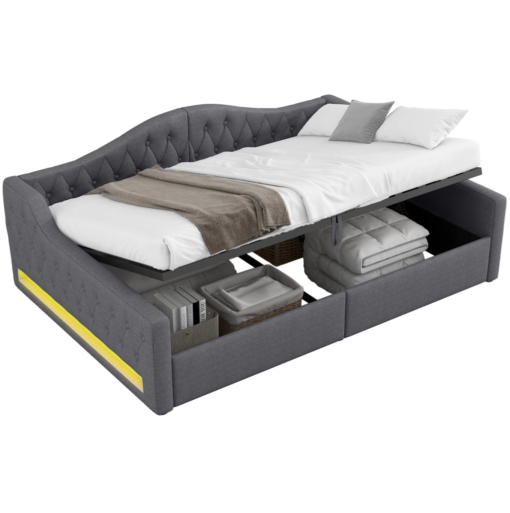 Letto da giorno imbottito 140x200 cm grigio con LED laterali e vano contenitore