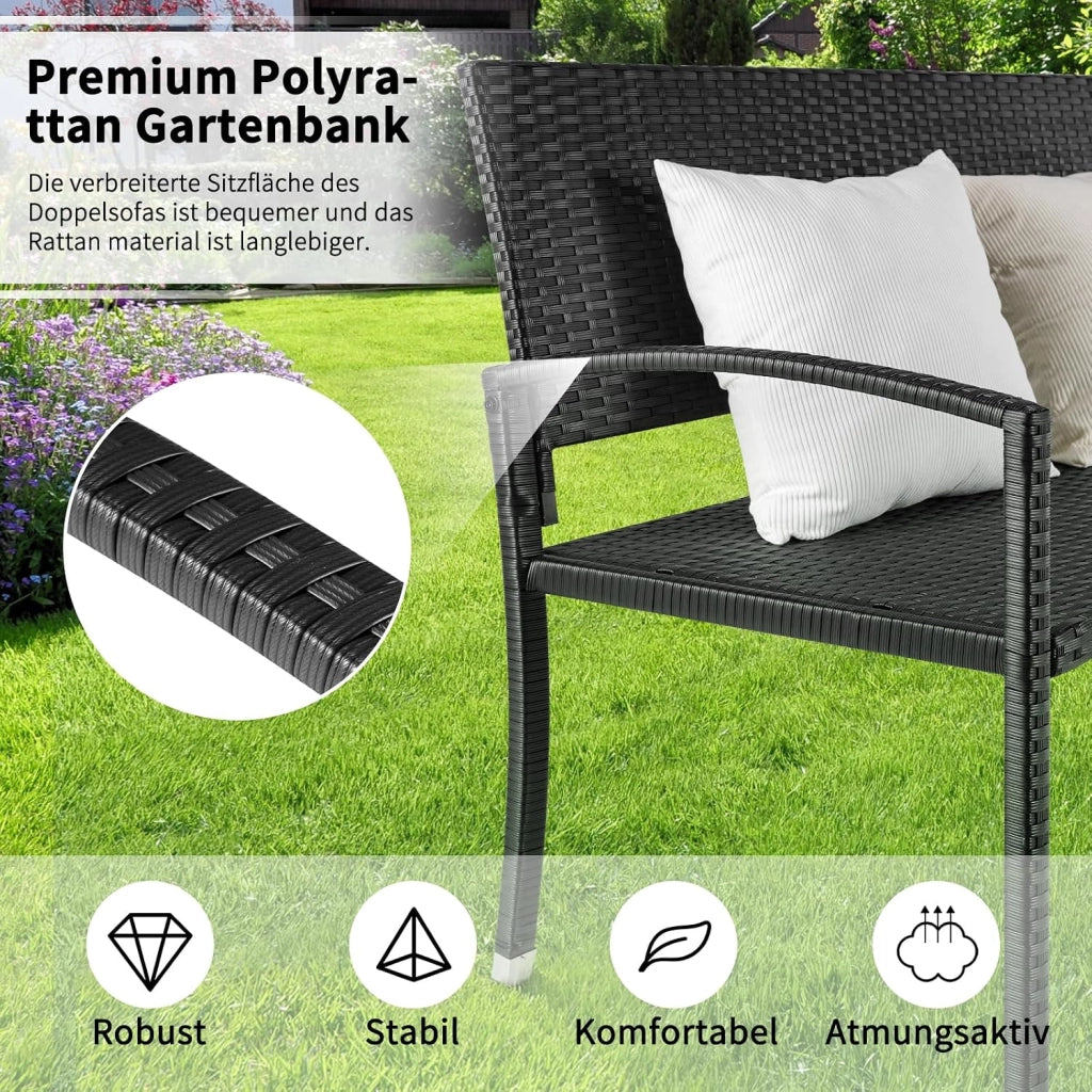 Panca da Giardino in Rattan, Panca da Balcone a 2 Posti, Resistente Alle Intemperie, Bifacciale in Rattan, Sedia da Giardino per Esterno, Terrazze e Balcone, 122x62x90 cm, Nero