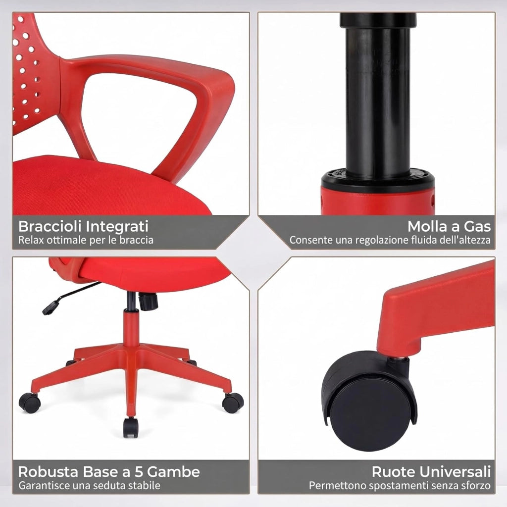Sedia da Ufficio Ergonomica, con Schienale Reclinabile, Regolabile in Altezza, Sedia Scrivania con Seduta Girevole 360°e Ruote per Ufficio, Studio e Soggiorno, Portata 150 kg (Rosso)