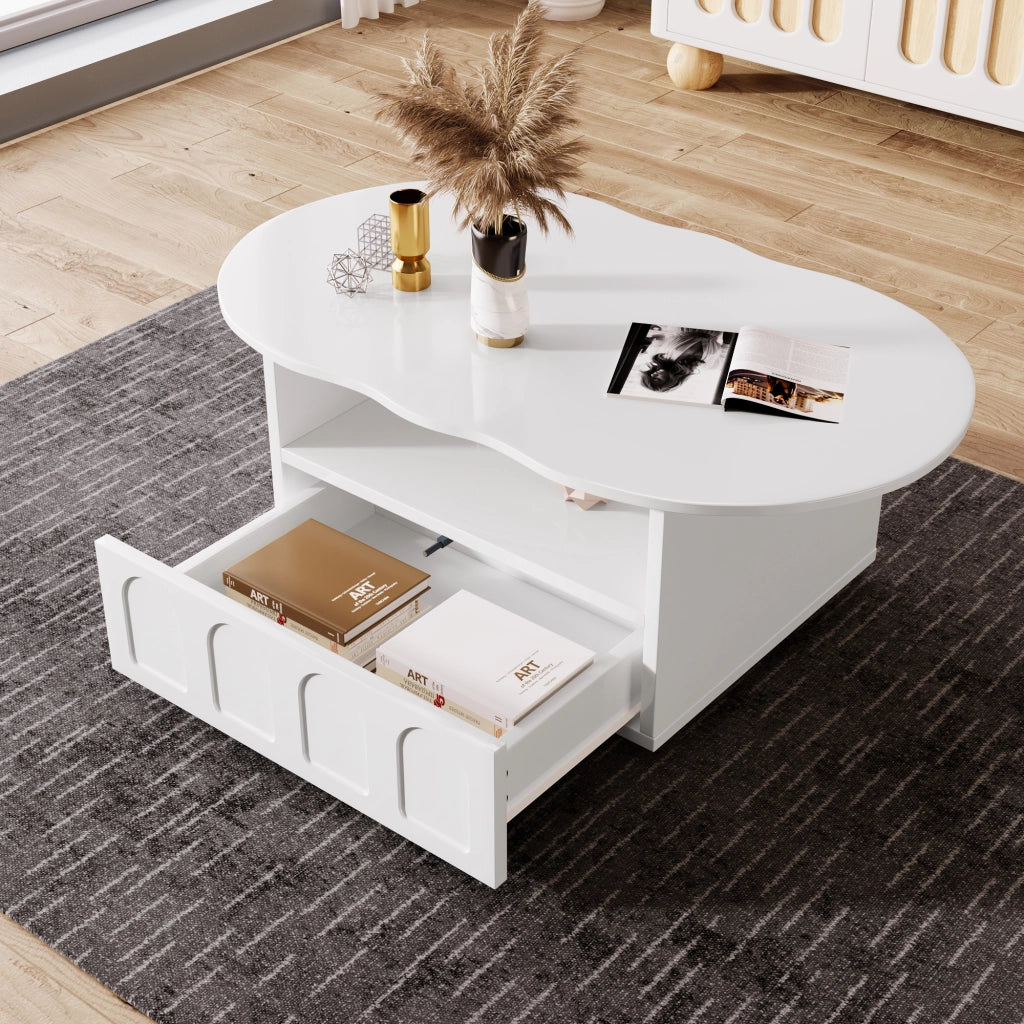 Tavolino da caffè a Forma di Nuvola con 1 Cassetto Push-to-Open e 1 Vano a Giorno; Stile Moderno; in Pannelli di Particelle; 100×60×40;5 cm; Bianco
