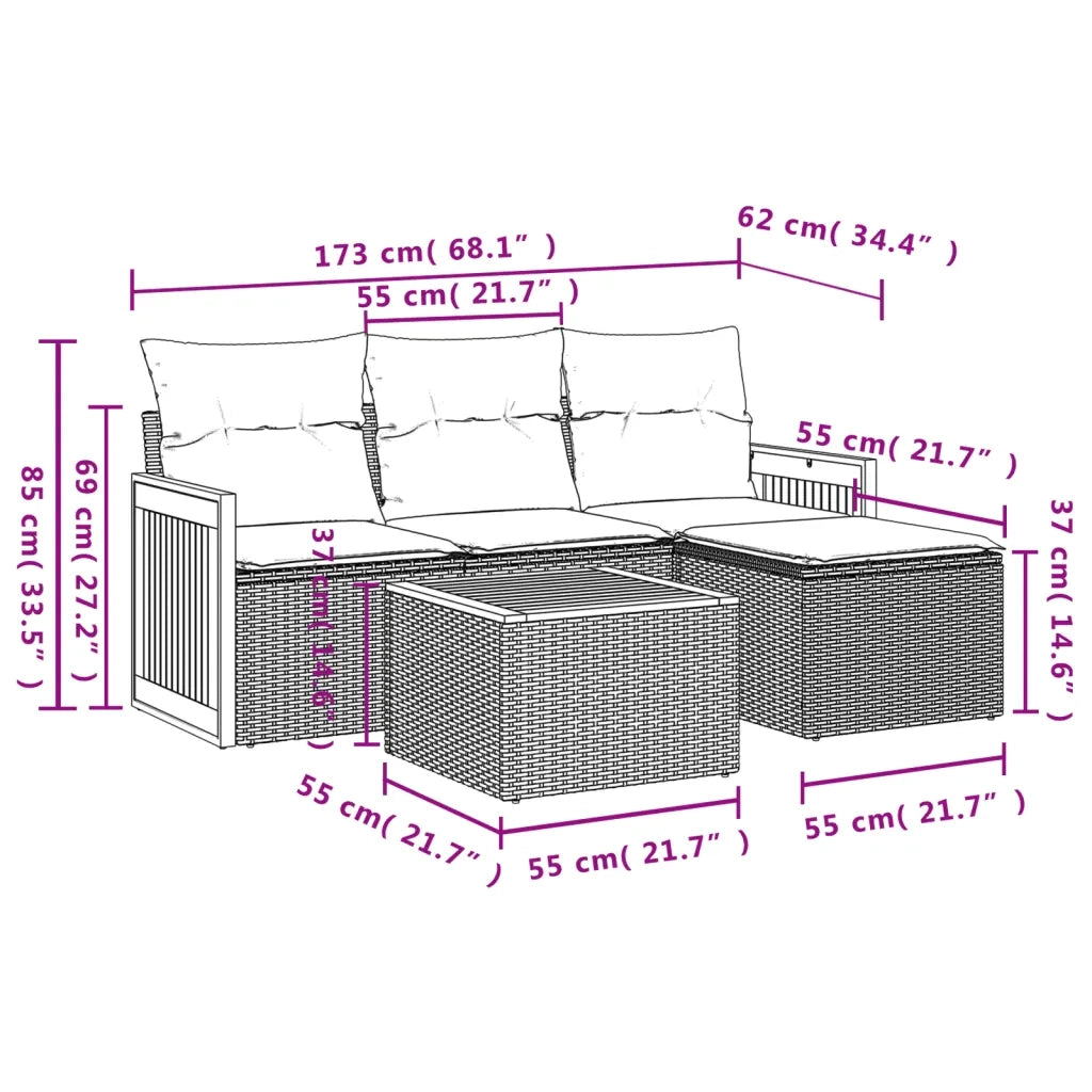 Set Divano da Giardino 5 pz con Cuscini Grigio in Polyrattan 3259995