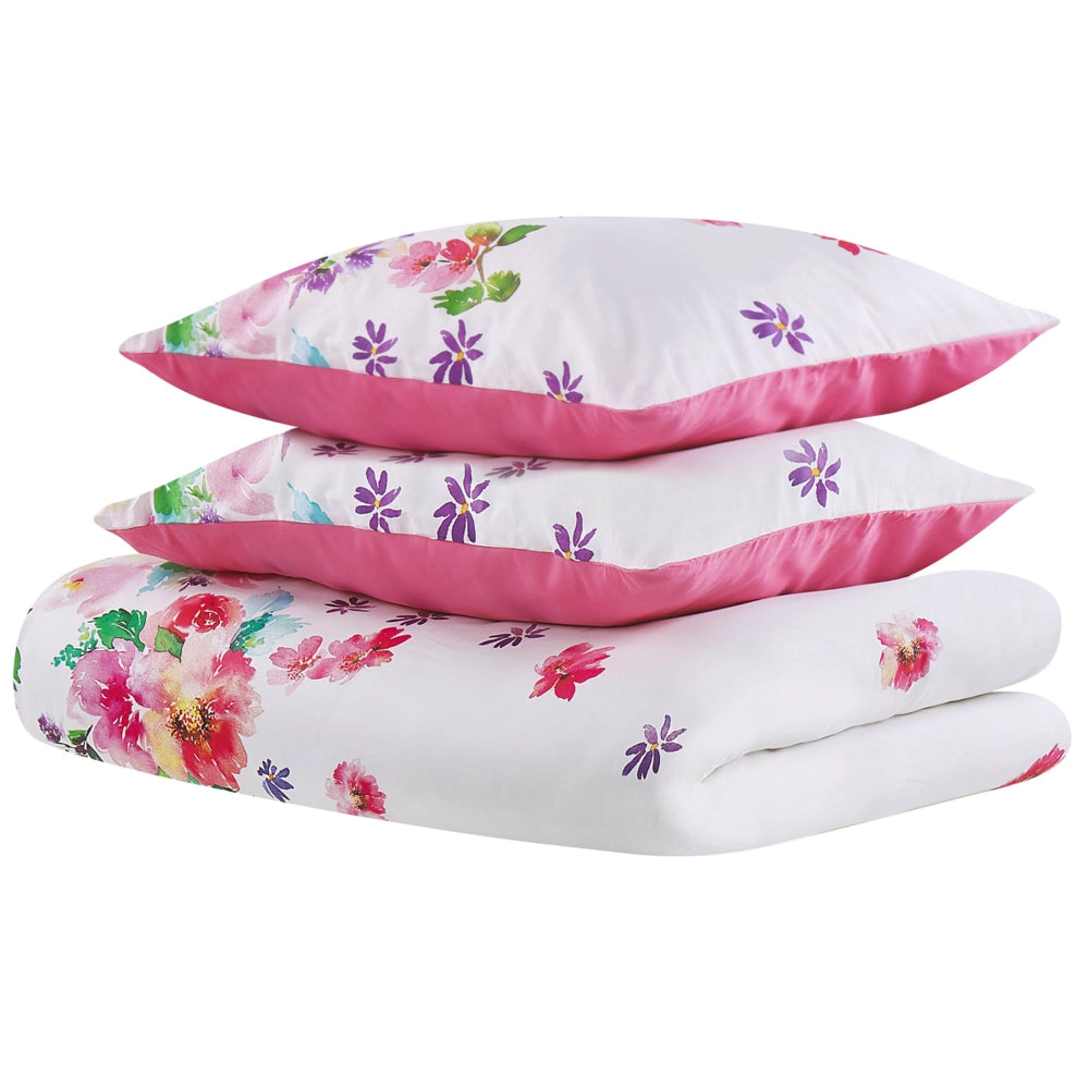 Set Copripiumino e Federa Bianco e Rosa 135 x 200 cm Cotone Stampa Floreale Camera da Letto Moderna