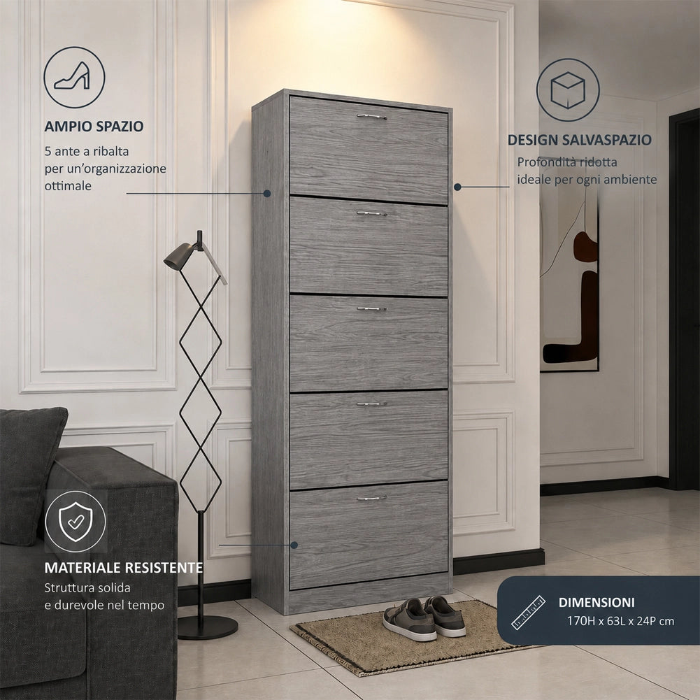 Scarpiera 5 Ripiani Grigio con Maniglia Porta Scarpe Salvaspazio 63x24x170 cm