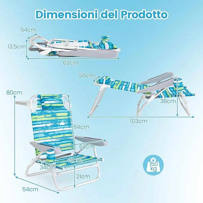 Set di 2 Sedie Pieghevole da Spiaggia, Lounge Sdraio con 5 Posizioni Regolabili, Poltrona da Mare con Cuscino, Porta Asciugamano, Braccioli & Portabicchieri, Portata 150 kg (Verde)