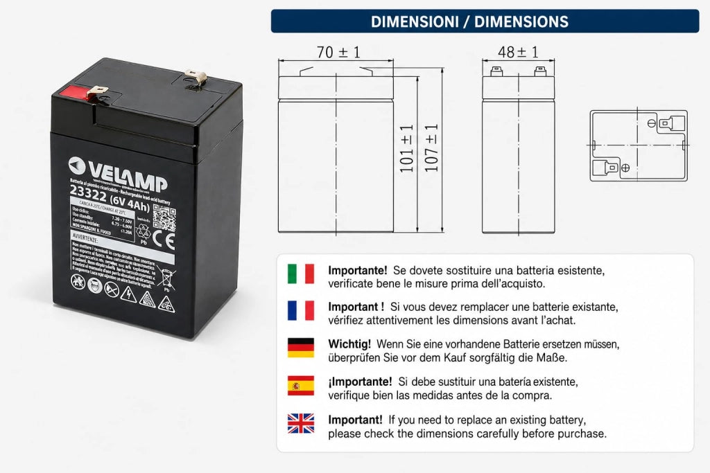 Batteria Ricaricabile Velamp 4 ah 70 x 48 x 107 mm