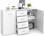 Armadio di Legno con 4 Cassetti e 2 Ante, Credenza Cassettiera di Stoccaggio con Ripiani Regolabili, Mobile Comò per Salone Camera da Letto Ingresso,123 x 34,5 x 82 cm (Bianco)