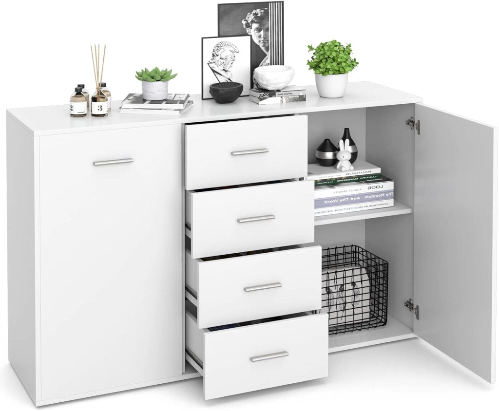 Armadio di Legno con 4 Cassetti e 2 Ante, Credenza Cassettiera di Stoccaggio con Ripiani Regolabili, Mobile Comò per Salone Camera da Letto Ingresso,123 x 34,5 x 82 cm (Bianco)