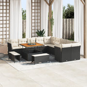 Set Divano Giardino 13 Pezzi Con Cuscini Rattan Polietilene Nero Acacia