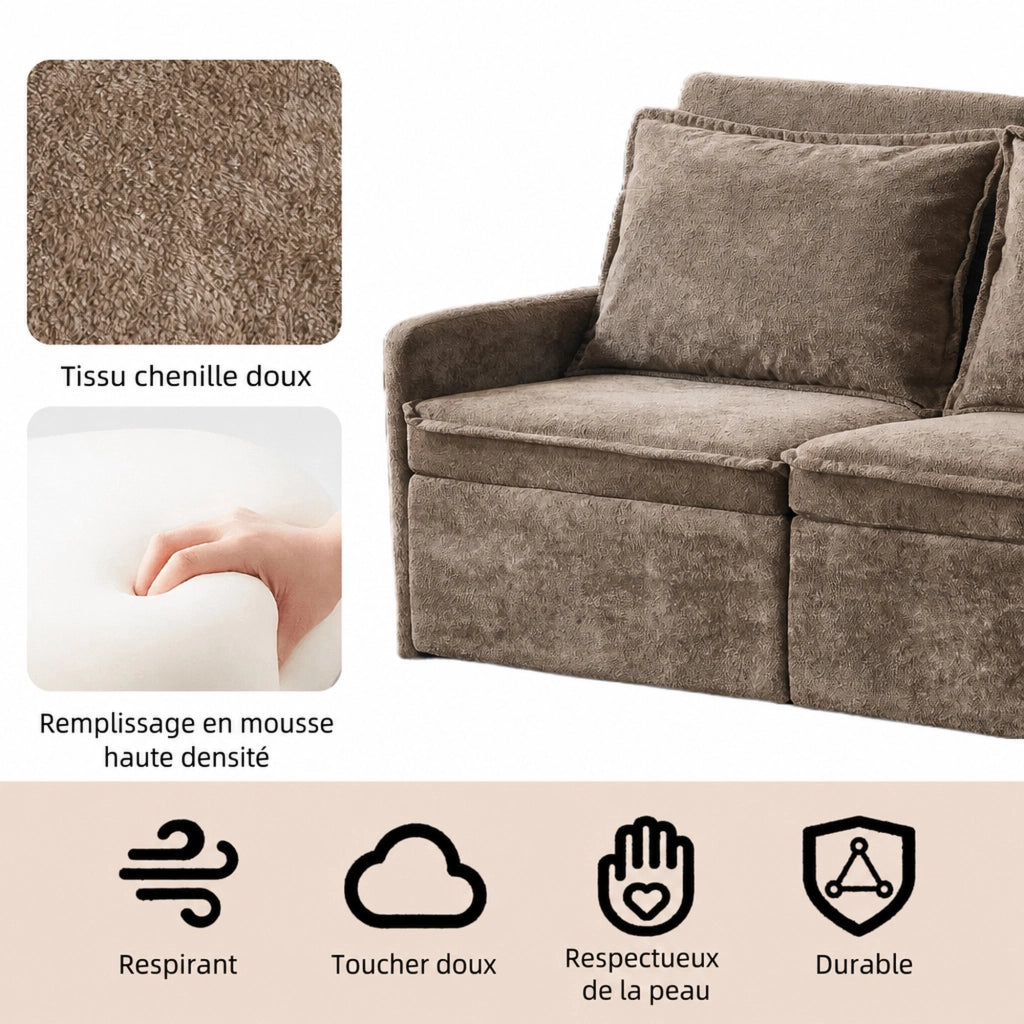 Divano letto 172，5x71x95 cm in ciniglia marrone con USB Type-C e vano contenitore
