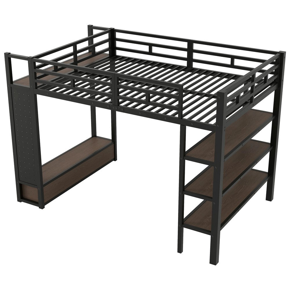 Letto a Soppalco 140x200 con Armadio, Ripiani, Pannello Forato e LED ¨C Xylo ¨C Nero Metallo