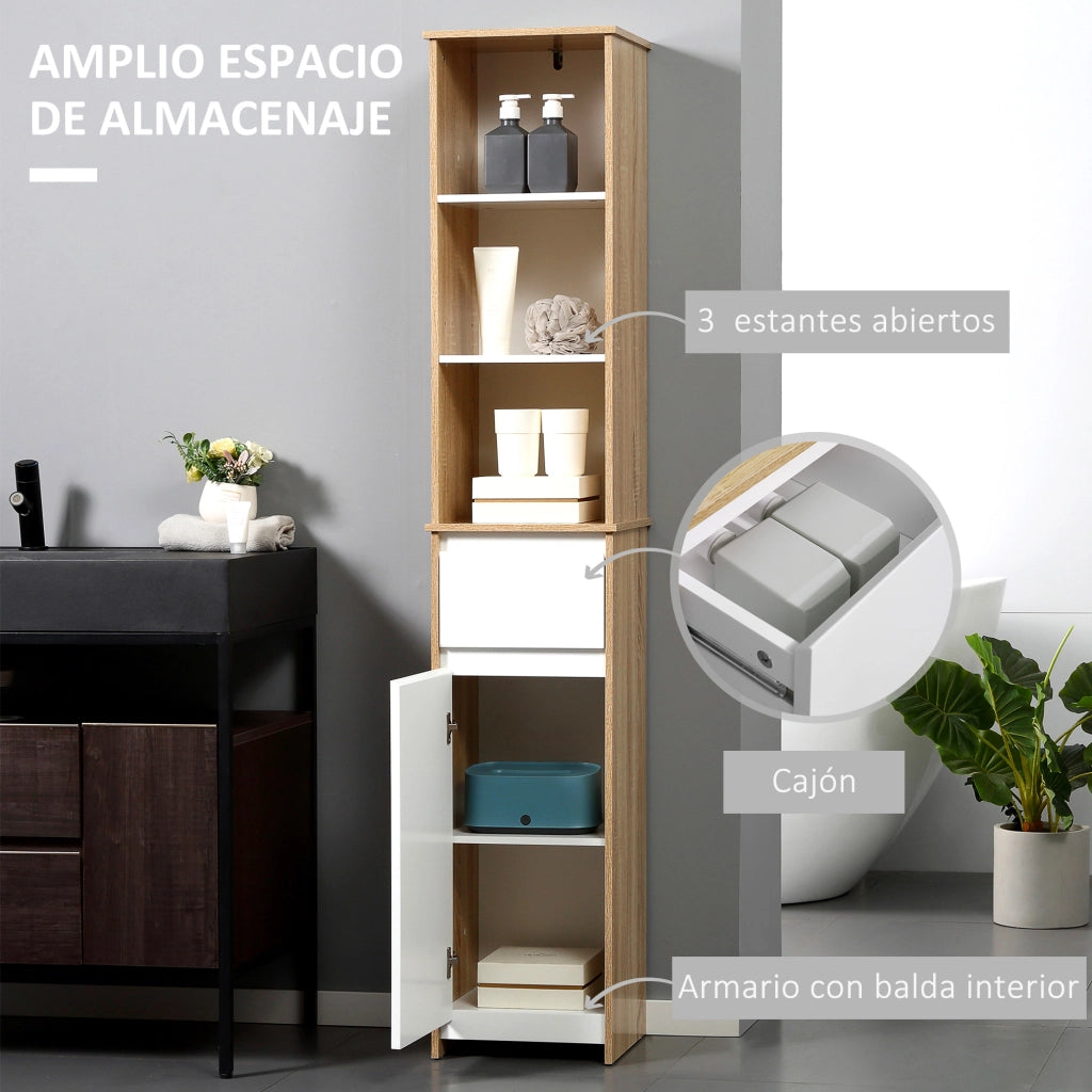 Mobile Colonna Bagno Alto ¨C Xylo ¨C Bianco Legno Naturale 1 Anta 1 Cassetto 3 Ripiani 32x30x171cm