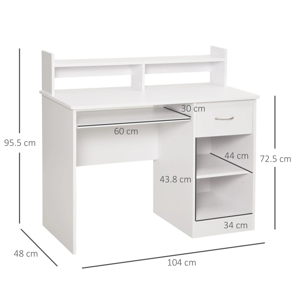 Scrivania per Computer Compatta in Legno Bianco con Ripiano Tastiera e Mensole ¨C zephmum ¨C 104x48x95.5cm