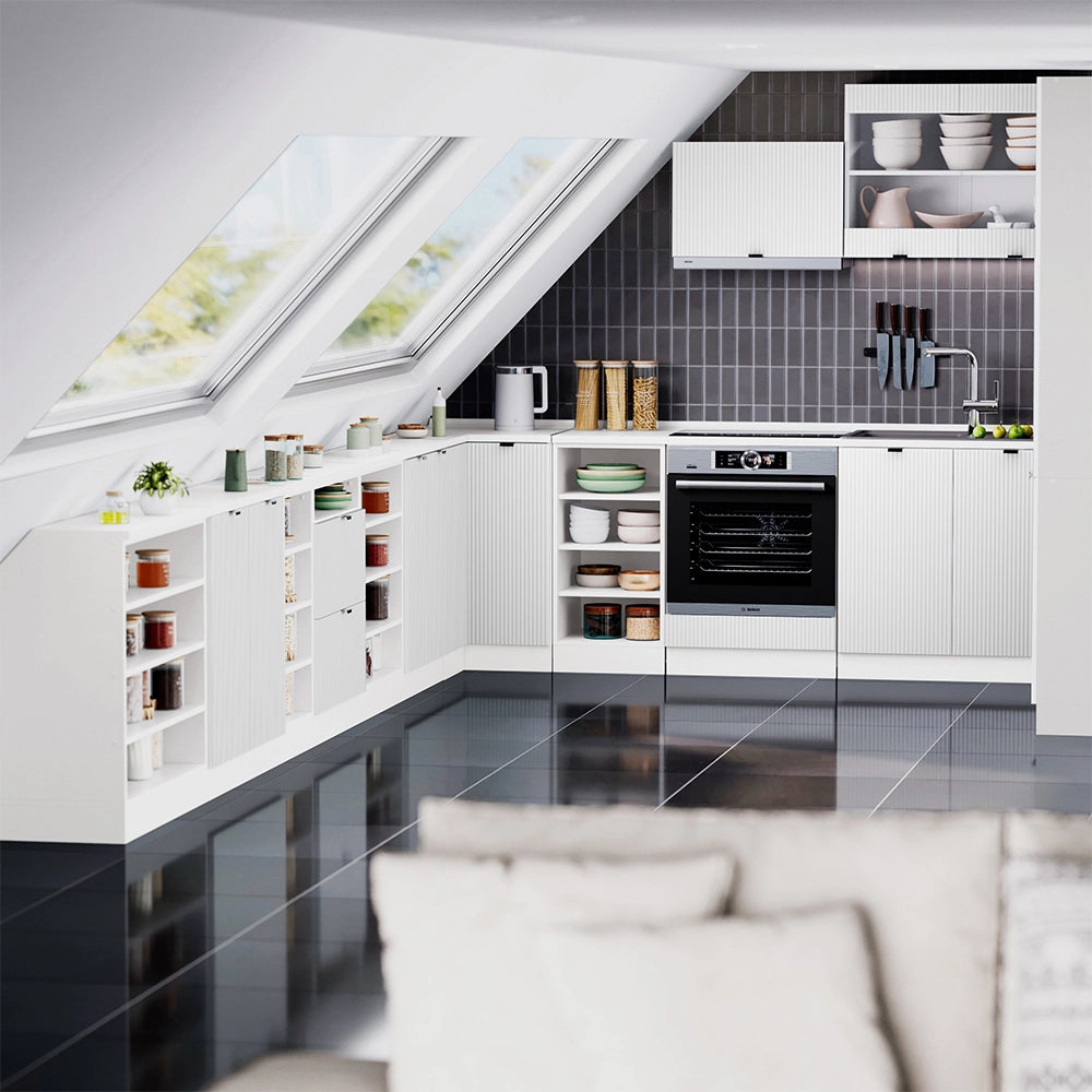 Mobile cucina sottotetto R-Line Ondulazione bianca/Bianco 80 cm con 2 porte, carcassa 60 cm profondità Vicco
