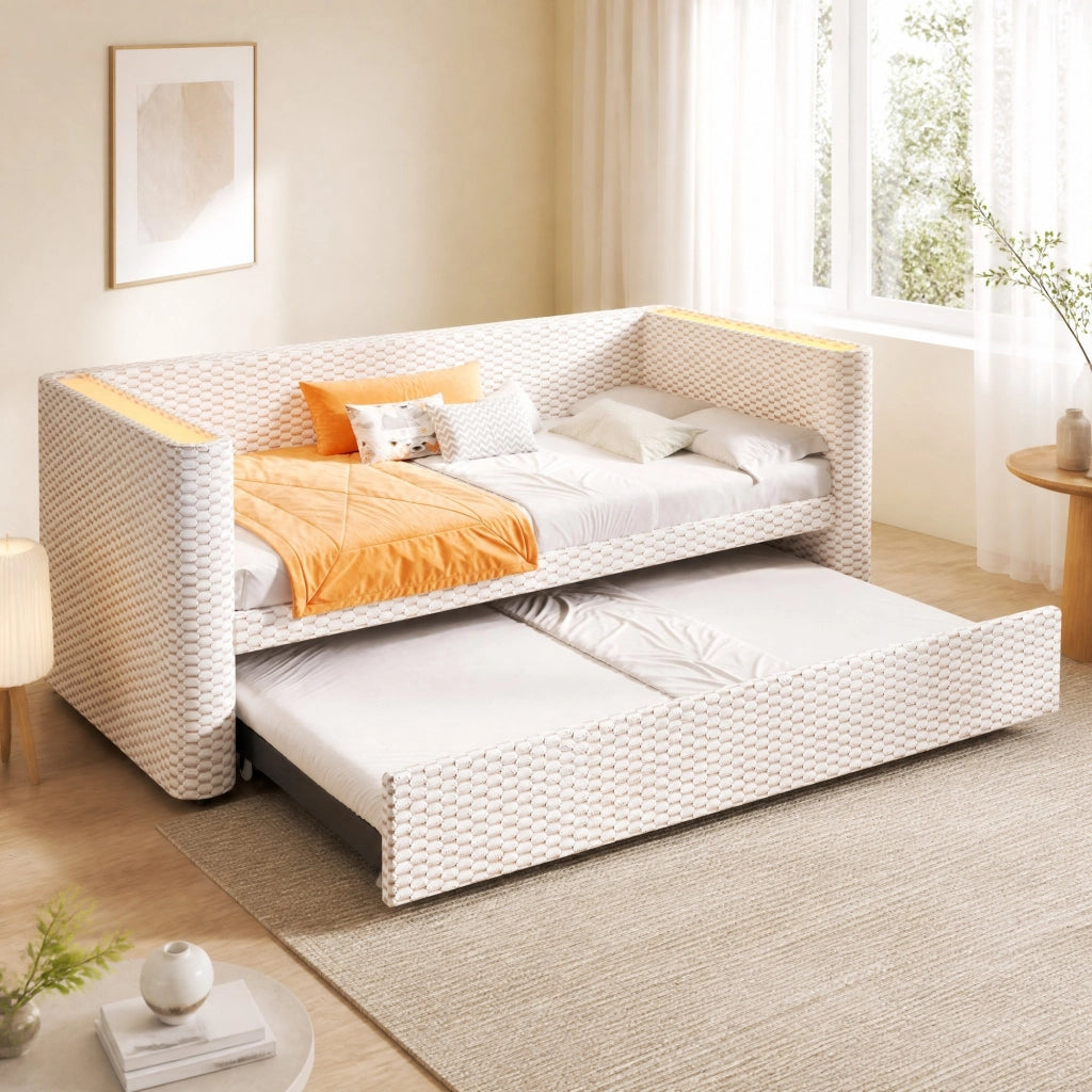 DESMIU Letto divano 90 × 200 cm 2 posti con LED multicolore, 180 × 200 cm, senza materasso, in velluto beige