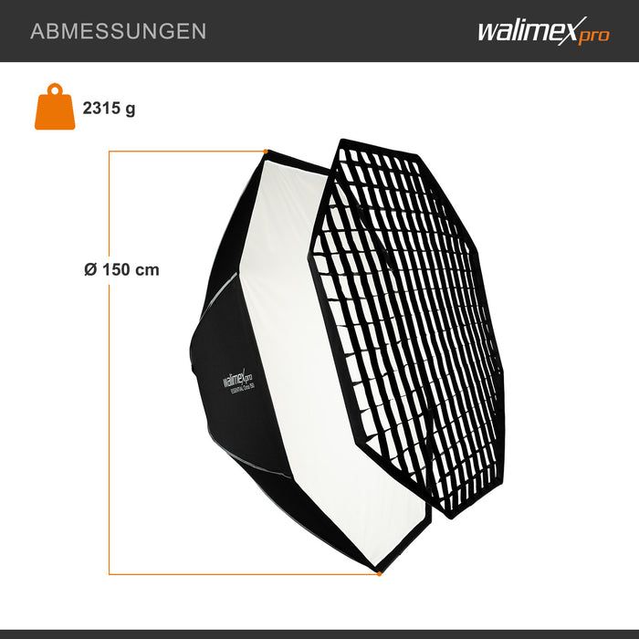 Essential Softbox Octagon 150cm + adattatore softbox per Elinchrom (diametro esterno: 15,2 cm), ruotabile a 360°, facile da montare, con griglia
