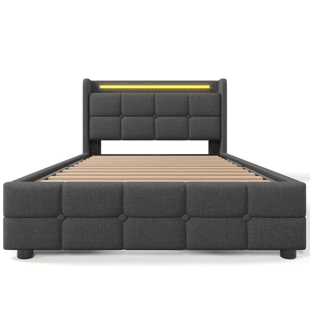 Letto imbottito 90x200cm - Xylo - Grigio - USB, LED, testiera, 2 cassetti