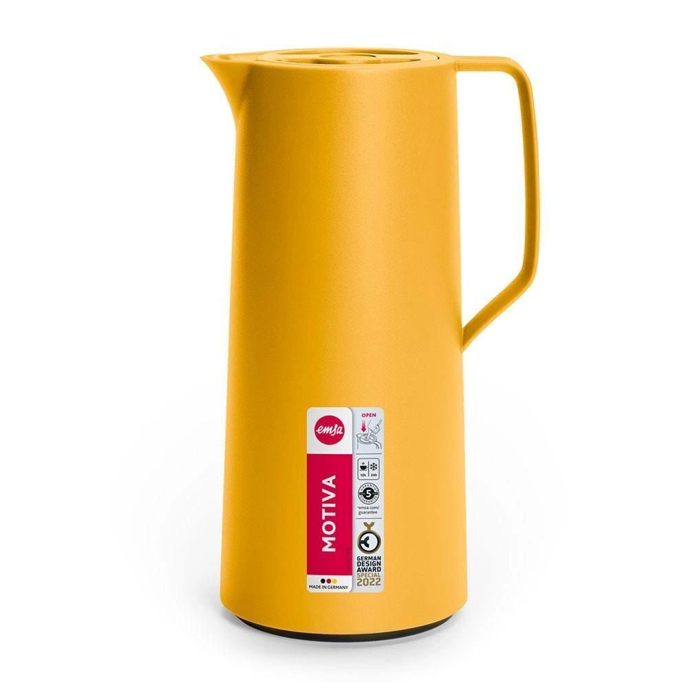 Emsa N41708 Motiva Caraffa Termica 1 L Quick-Press ampolla in vetro 12H caldo 24H freddo colore Giallo