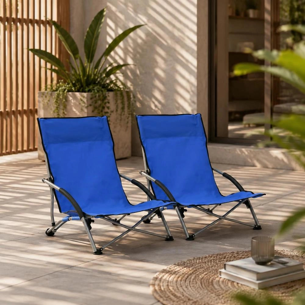 Folding Beach Chairs, 2 Pieces, Blue Fabric
