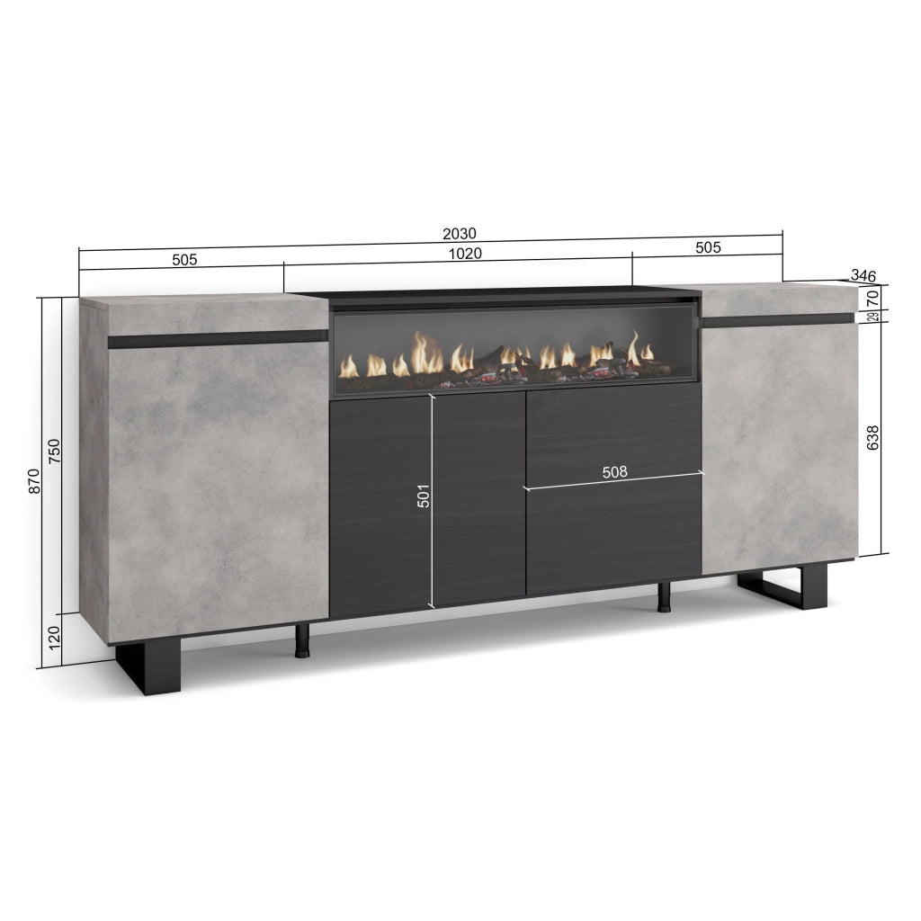 Credenza, Mobile, 200x35x87cm, 4 Porte, Camino elettrico, Design industriale, grigio cemento RF2307
