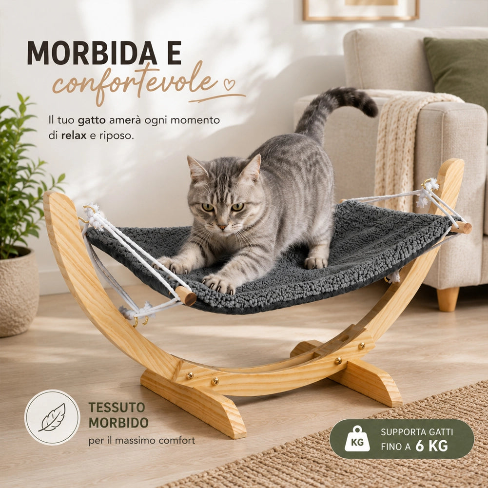 Amaca per Gatti in Legno Ergonomica Cuccia Portata Max 6kg Animali 72x35x10 cm
