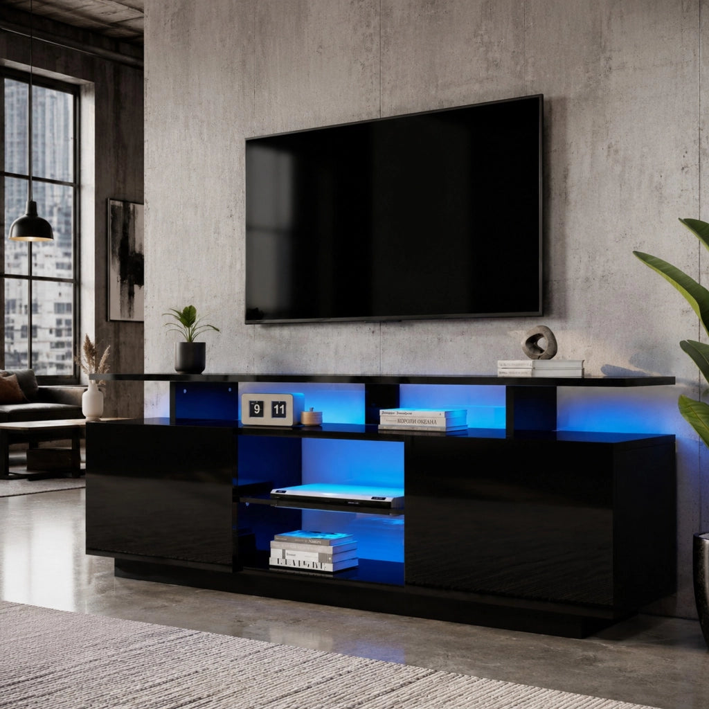 Mobile TV nero 140 cm con LED controllati da app, 2 ante lucide e 5 vani