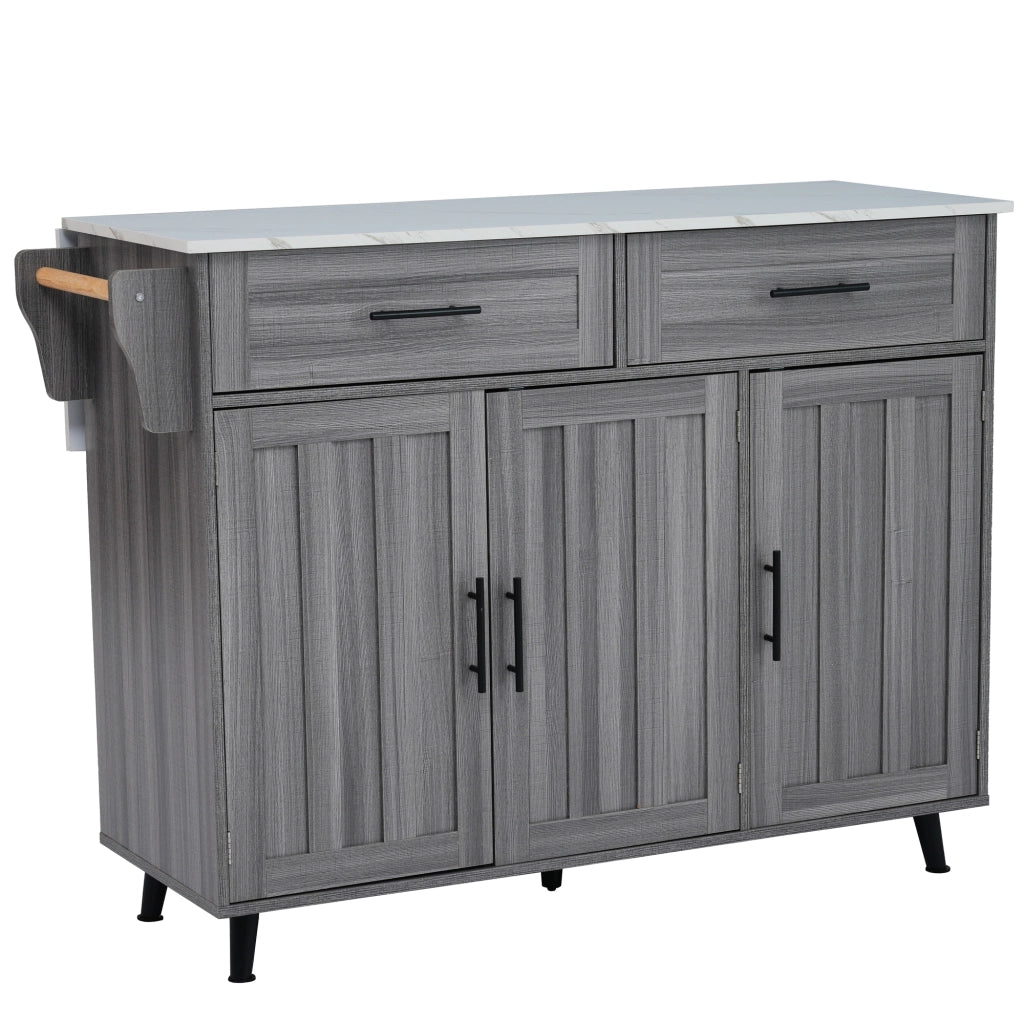 Carrello da cucina con piano ribaltabile, 129x71x91,5 cm, con 2 cassetti, vani regolabili e 5 ruote, bianco e grigio