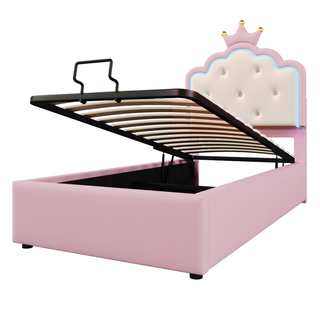 Letto per bambini imbottito 90x200 cm in PU e MDF con luce LED e contenitore; rosa