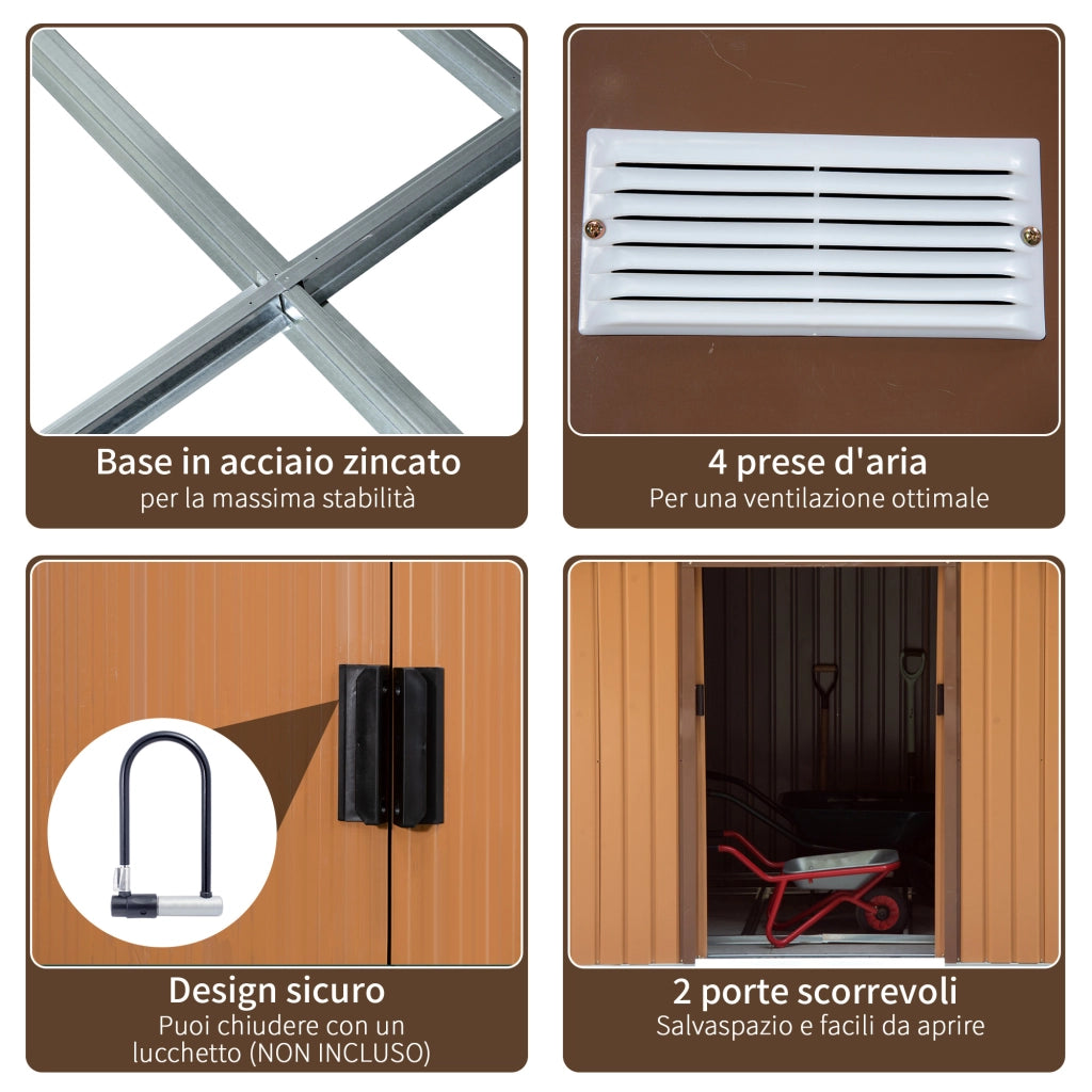 EasyComfort Capanno per Attrezzi 4.9m² con Fondazione, 4 Prese d'Aria e 2 Porte Scorrevoli in Acciaio, 277x195x192cm, Giallo