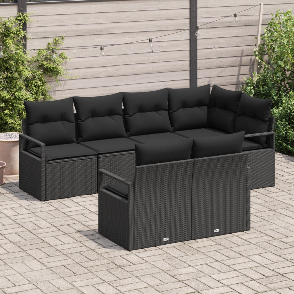 Set Divano da Giardino 7 Pezzi con Cuscini Nero Polyrattan
