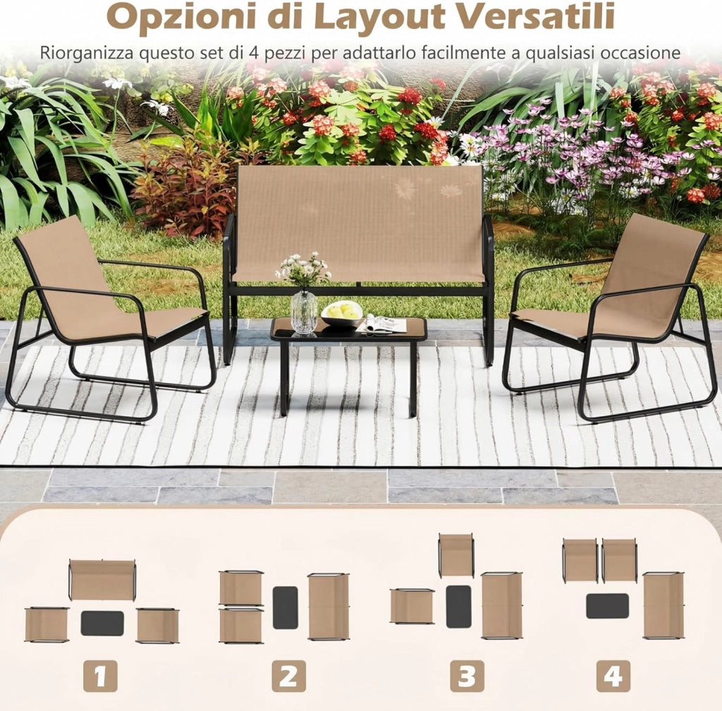 Set Tavolo e Sedie da Giardino 4 Pezzi, Tavolino in Vetro Portato 50 kg, Sedie Portata 150 kg, Panca Portata 300 kg, Set Bistro in Tessuto Textilene, per Cortile Terrazza Piscina (Marrone)