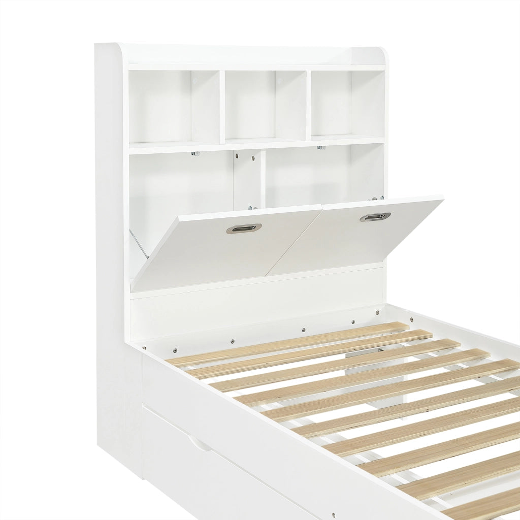 Letto con Cassetti 90x200 cm; Letto Singolo - Tavolo Pieghevole e Mensole - Bianco