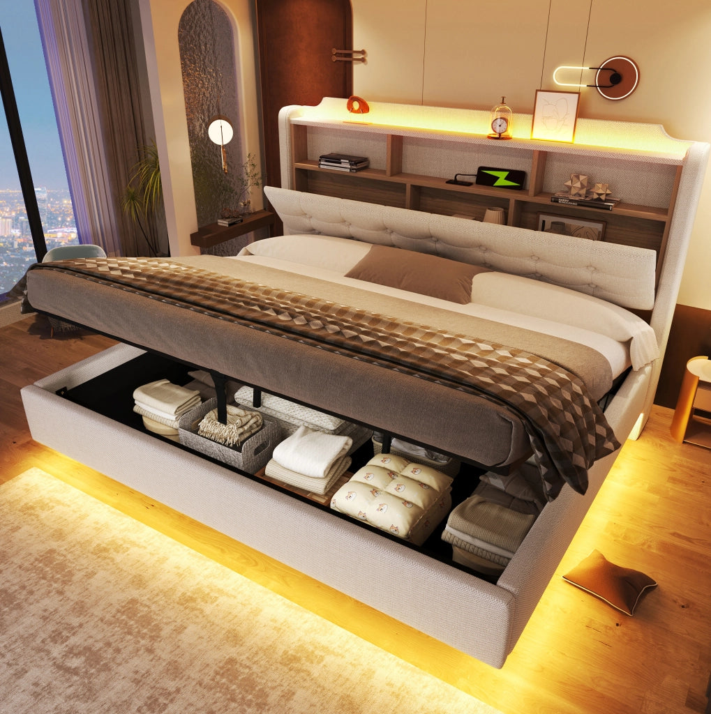 Letto imbottito 180x200 cm con LED; contenitore idraulico; USB e Type-C; beige