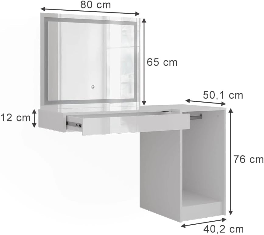 Tavolo da toeletta Sherry, Bianco/bianco lucido, 120 cm 3 parti, con illuminazione LED e grande specchio per la cura quotidiana