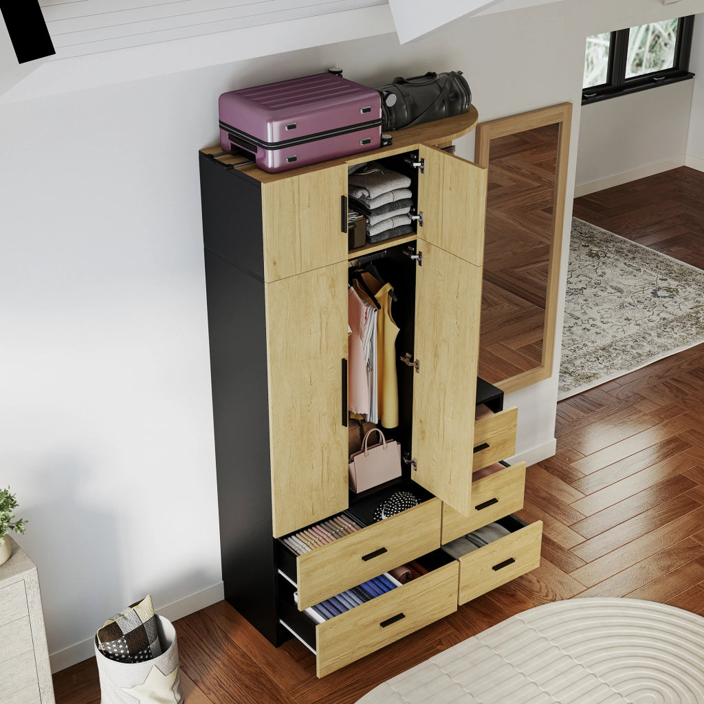 Armadio con asta appendiabiti e cinque cassetti con ripiani aperti e vani chiusi in MDF colore naturale e nero