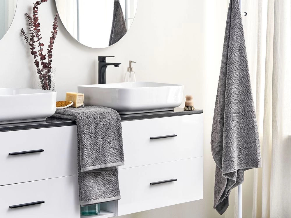 Set di 2 asciugamani in morbido cotone grigio con motivo a spina di pesce stile classico ospiti bagno