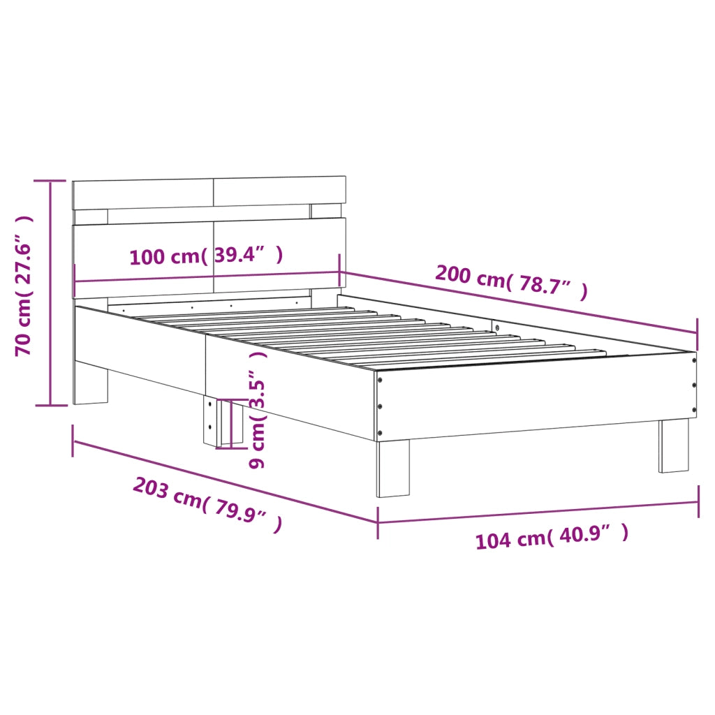 Letto singolo | Letto per adulti | Giroletto Testiera Grigio Cemento 100x200 cm Legno Multistrato