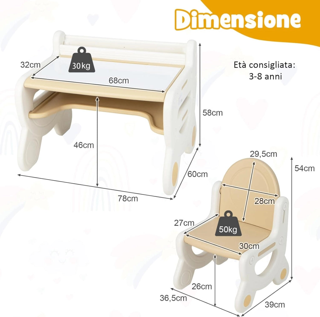 Set Tavolo e sedia per Bambini, Tavolo per Bambini con Sedia, Tavolo da Disegno Cancellabile e Ripiano, per Disegnare, Leggere, Giocare, Ideale per Bambini 3-8 Anni (Brown)